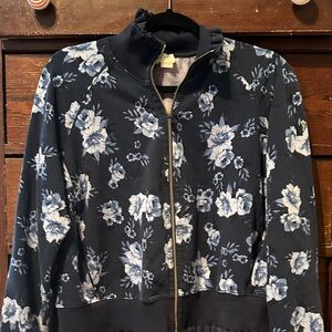 Kate Spade Navy and White Floral Bomber light weight zip XL euc